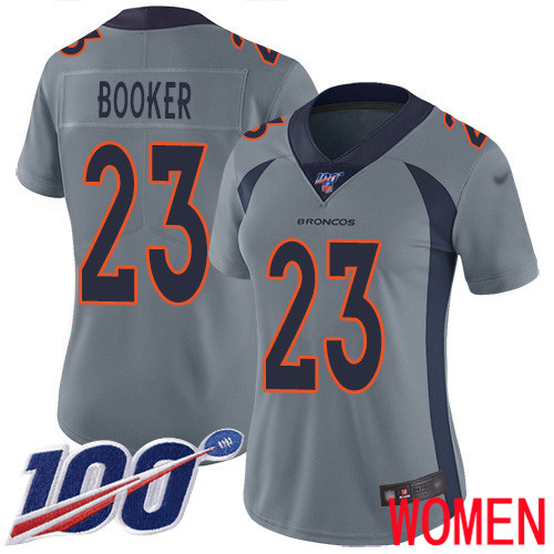 Women Denver Broncos 23 Devontae Booker Limited Silver Inverted Legend 100th Season Football NFL Jersey